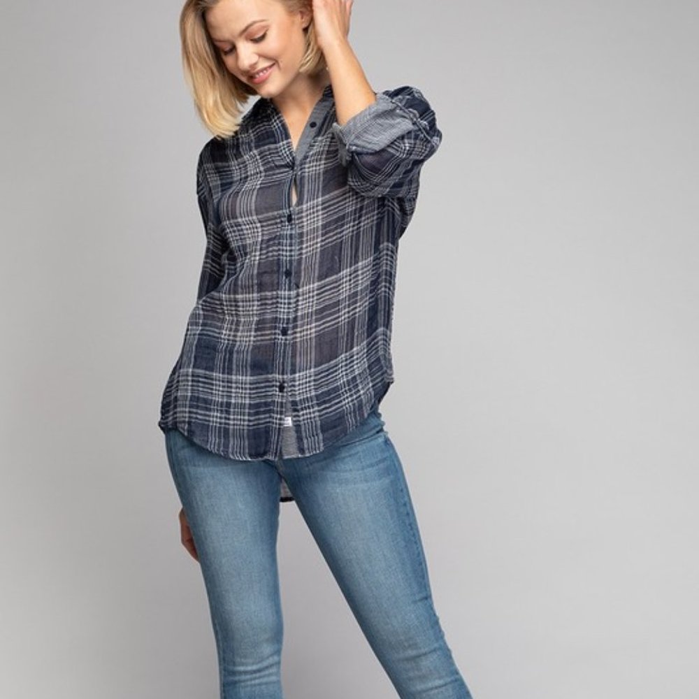 COPY - Gauzy lightweight navy plaid button up with sleeve ties